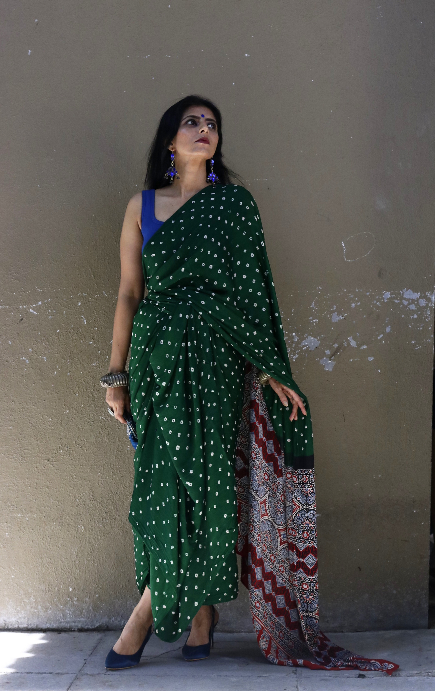 Buy Bandhani Designer Saree Online : Green Bandhani Hand Dyed Saree With Ajrakh Print Saree