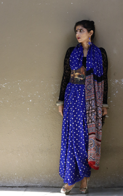 Buy Bandhani Designer Saree Online : Blue Bandhani Hand Dyed Saree With Ajrakh Print Saree