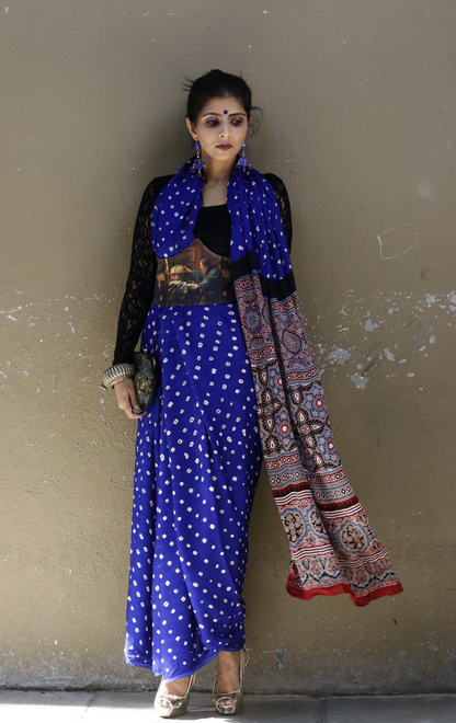 Buy Bandhani Designer Saree Online : Blue Bandhani Hand Dyed Saree With Ajrakh Print Saree