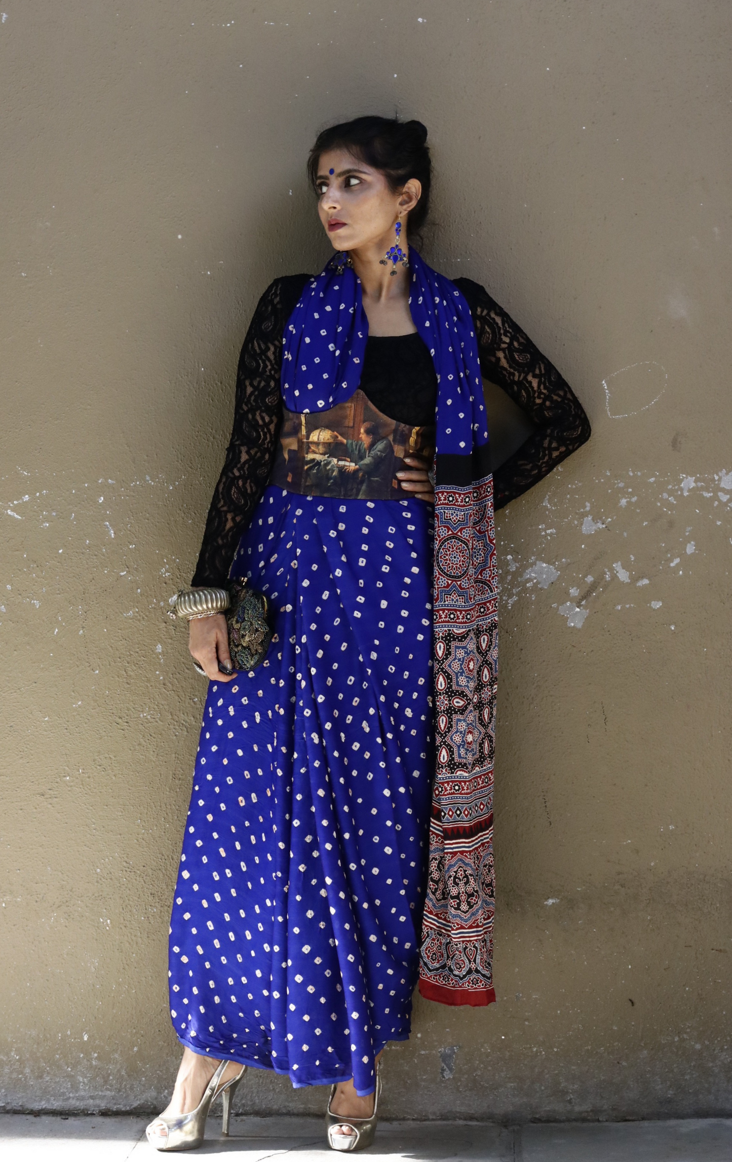 Buy Bandhani Designer Saree Online : Blue Bandhani Hand Dyed Saree With Ajrakh Print Saree