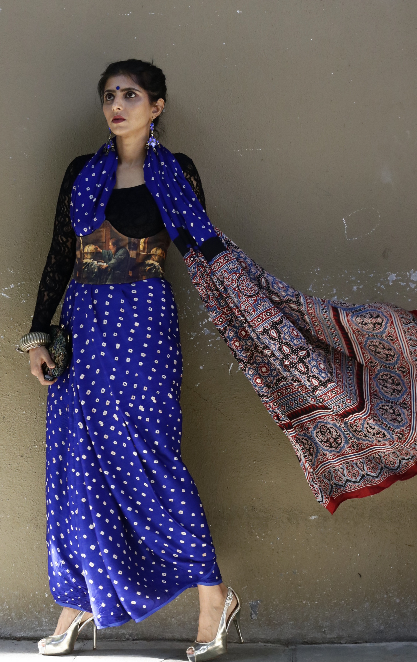 Buy Bandhani Designer Saree Online : Blue Bandhani Hand Dyed Saree With Ajrakh Print Saree