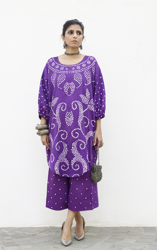 Bandhani Purple Cotton Co-ord Set : Buy Palazzo Pant Kurta Cotton Co-ord Set 'Bela Baahar'