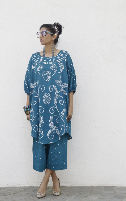 Bandhani Teal Blue Cotton Co-ord Set : Buy Palazzo Pant Kurta Cotton Co-ord Set 'Bela Baahar'