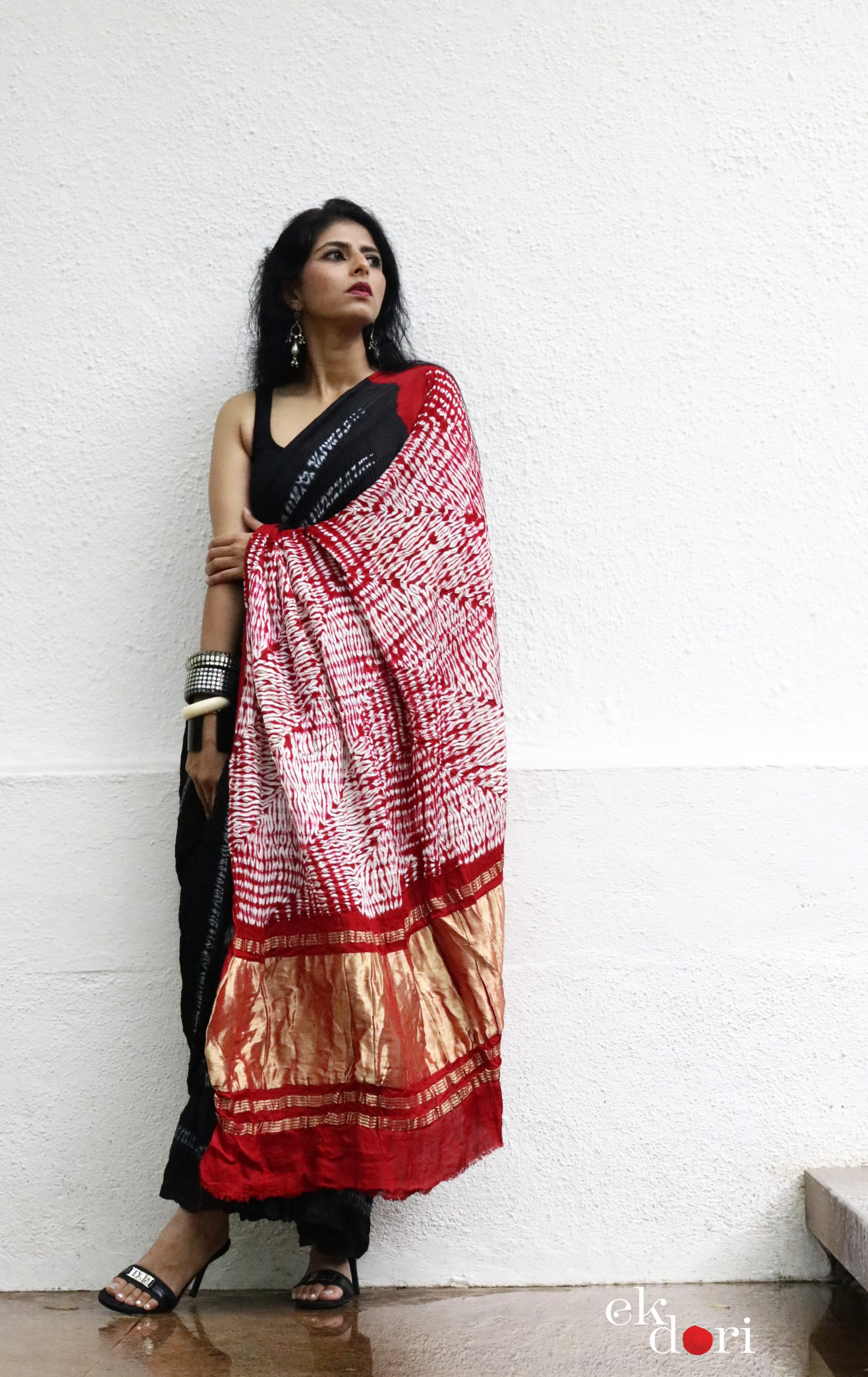 Buy Statement Black Shibori Saree : Black Shibori Cocktail Saree 'Dark Love'