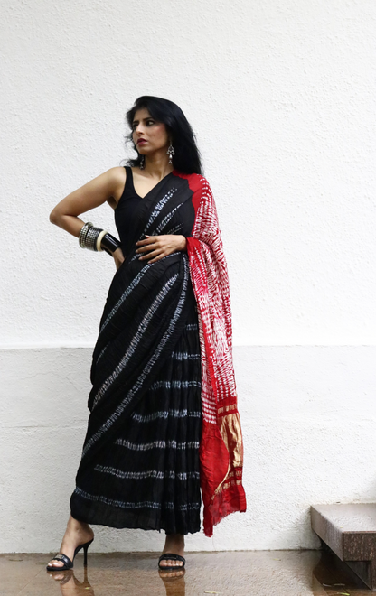 Buy Statement Black Shibori Saree : Black Shibori Cocktail Saree 'Dark Love'