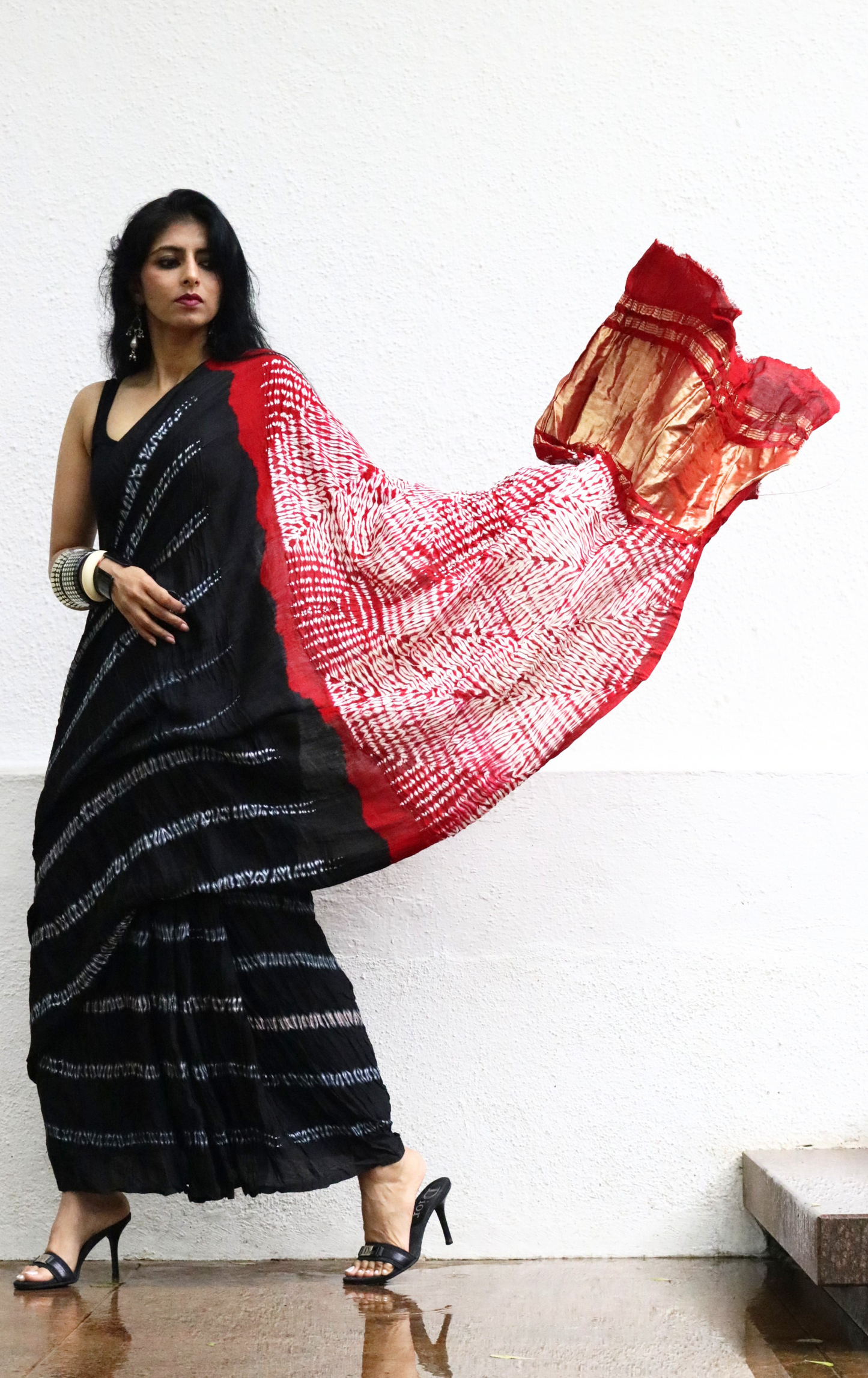 Buy Statement Black Shibori Saree : Black Shibori Cocktail Saree 'Dark Love'