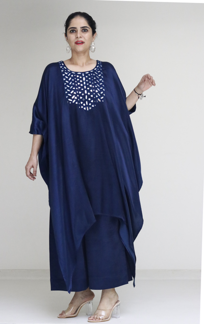 Mashru Mirror Work Co-ord Set in Blue 'Neelambari' : Buy Palazzo Kaftan Kurta Festive Co-ord Set