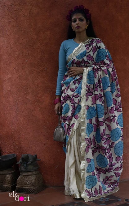 Neel Gulaab Pen Kalamkari Silk Saree : Festive Pure Silk Pen Kalamkari Saree