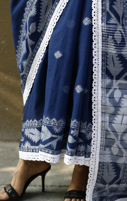 Blue Soft Cotton Saree 'Siyahi' : Summer Cotton Saree With Crochet Lace Edges