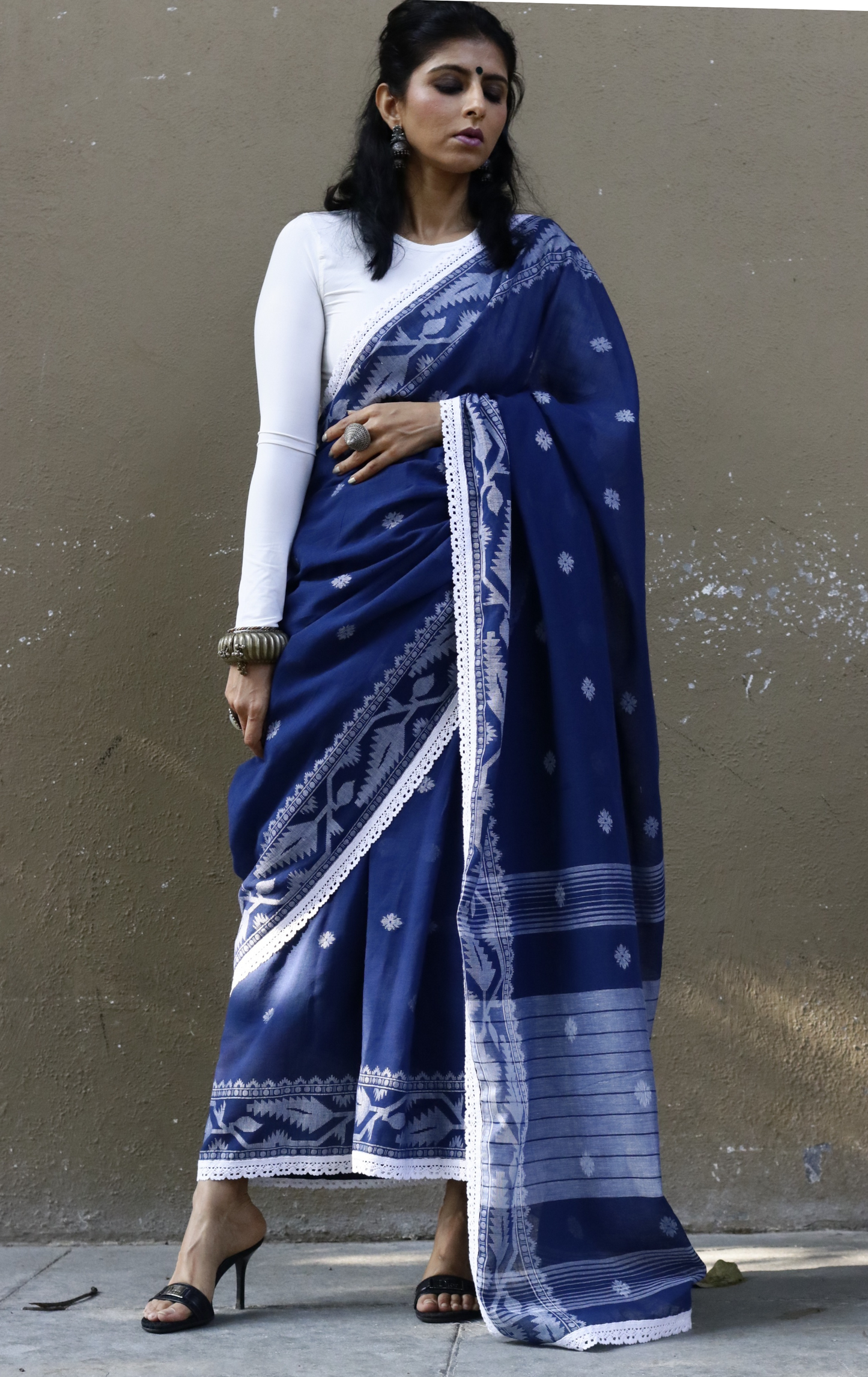 Blue Soft Cotton Saree 'Siyahi' : Summer Cotton Saree With Crochet Lace Edges