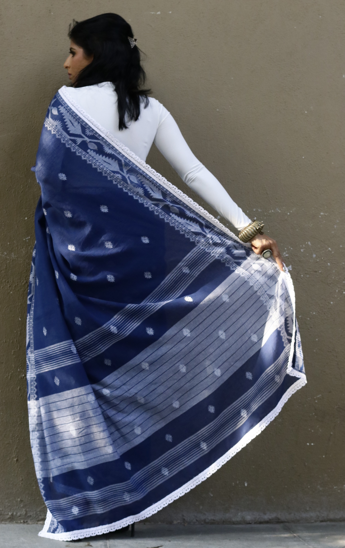 Blue Soft Cotton Saree 'Siyahi' : Summer Cotton Saree With Crochet Lace Edges