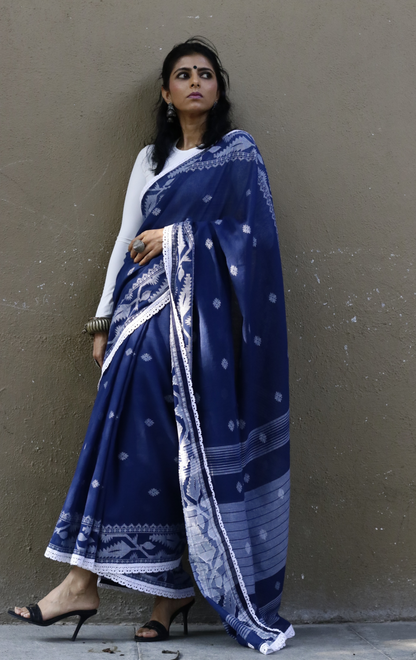 Blue Soft Cotton Saree 'Siyahi' : Summer Cotton Saree With Crochet Lace Edges