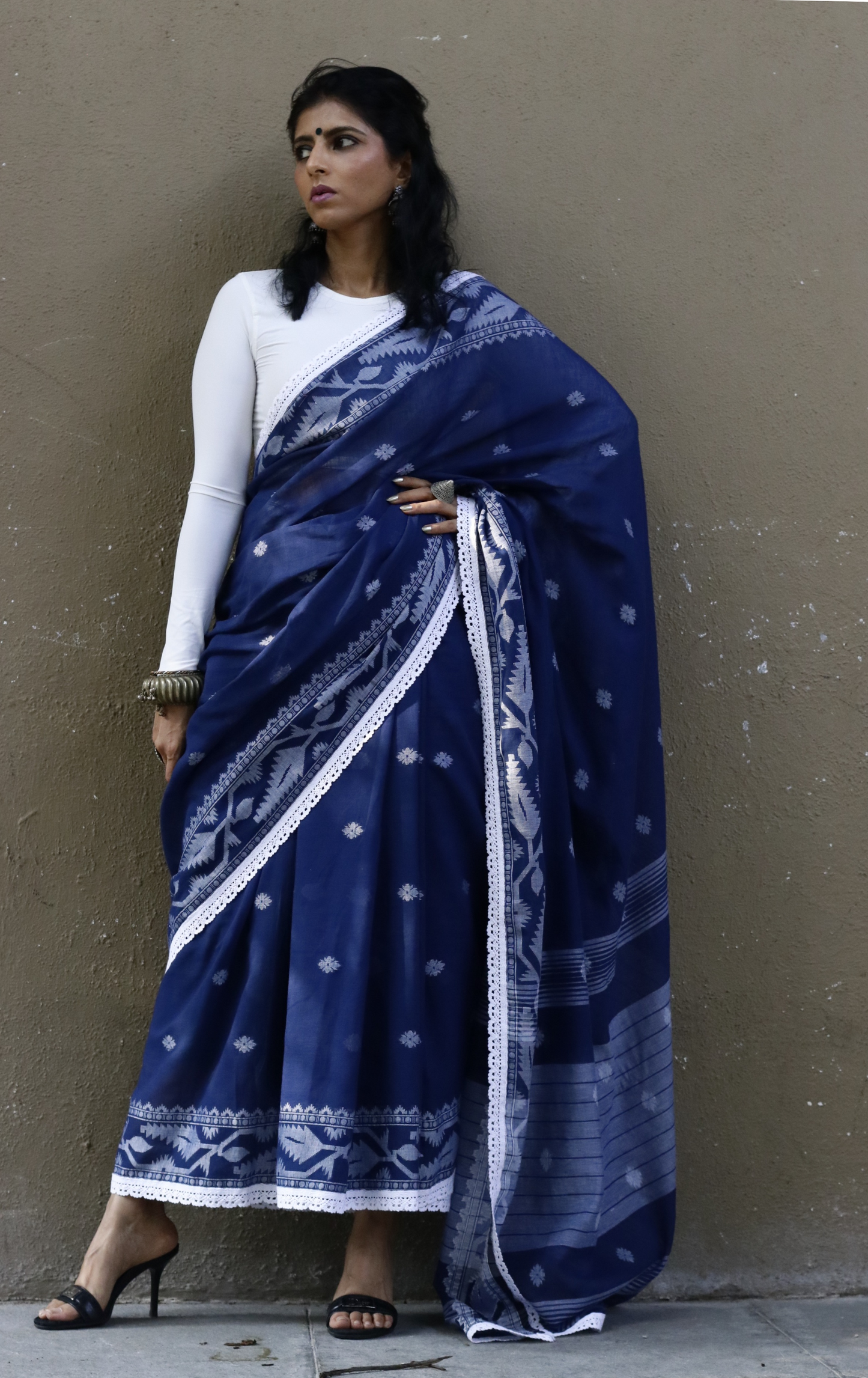 Blue Soft Cotton Saree 'Siyahi' : Summer Cotton Saree With Crochet Lace Edges