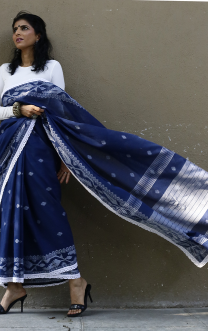 Blue Soft Cotton Saree 'Siyahi' : Summer Cotton Saree With Crochet Lace Edges