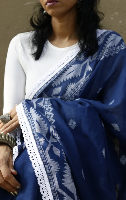 Blue Soft Cotton Saree 'Siyahi' : Summer Cotton Saree With Crochet Lace Edges