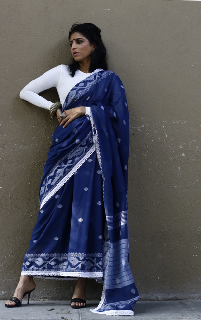 Blue Soft Cotton Saree 'Siyahi' : Summer Cotton Saree With Crochet Lace Edges