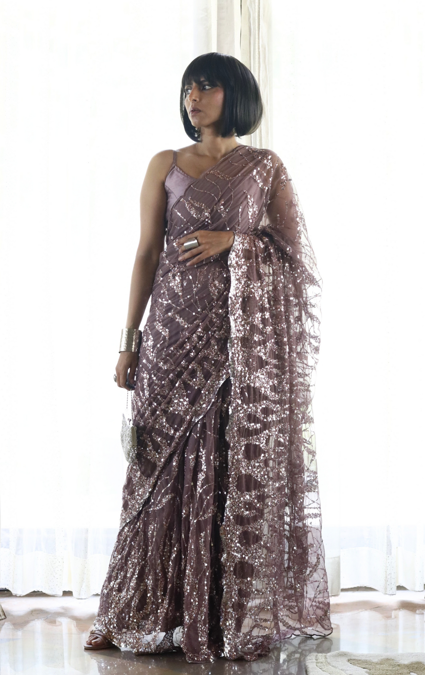 Silver Sequin Cocktail Saree 'Blushing Rose' : Festive Evening Sequin Cocktail Saree Collection