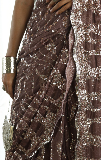 Silver Sequin Cocktail Saree 'Blushing Rose' : Festive Evening Sequin Cocktail Saree Collection