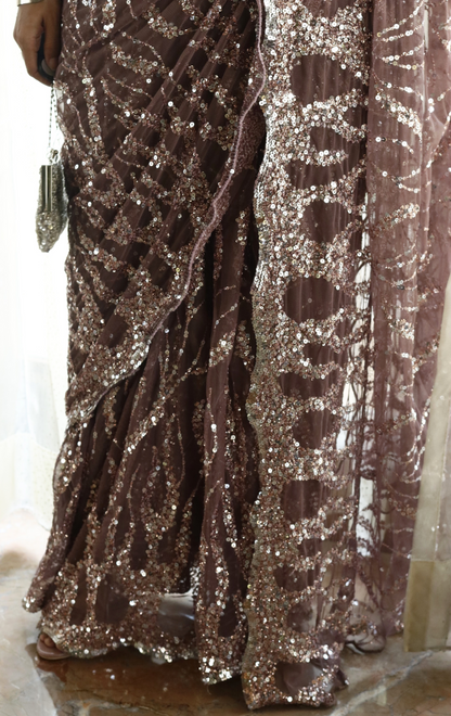 Silver Sequin Cocktail Saree 'Blushing Rose' : Festive Evening Sequin Cocktail Saree Collection