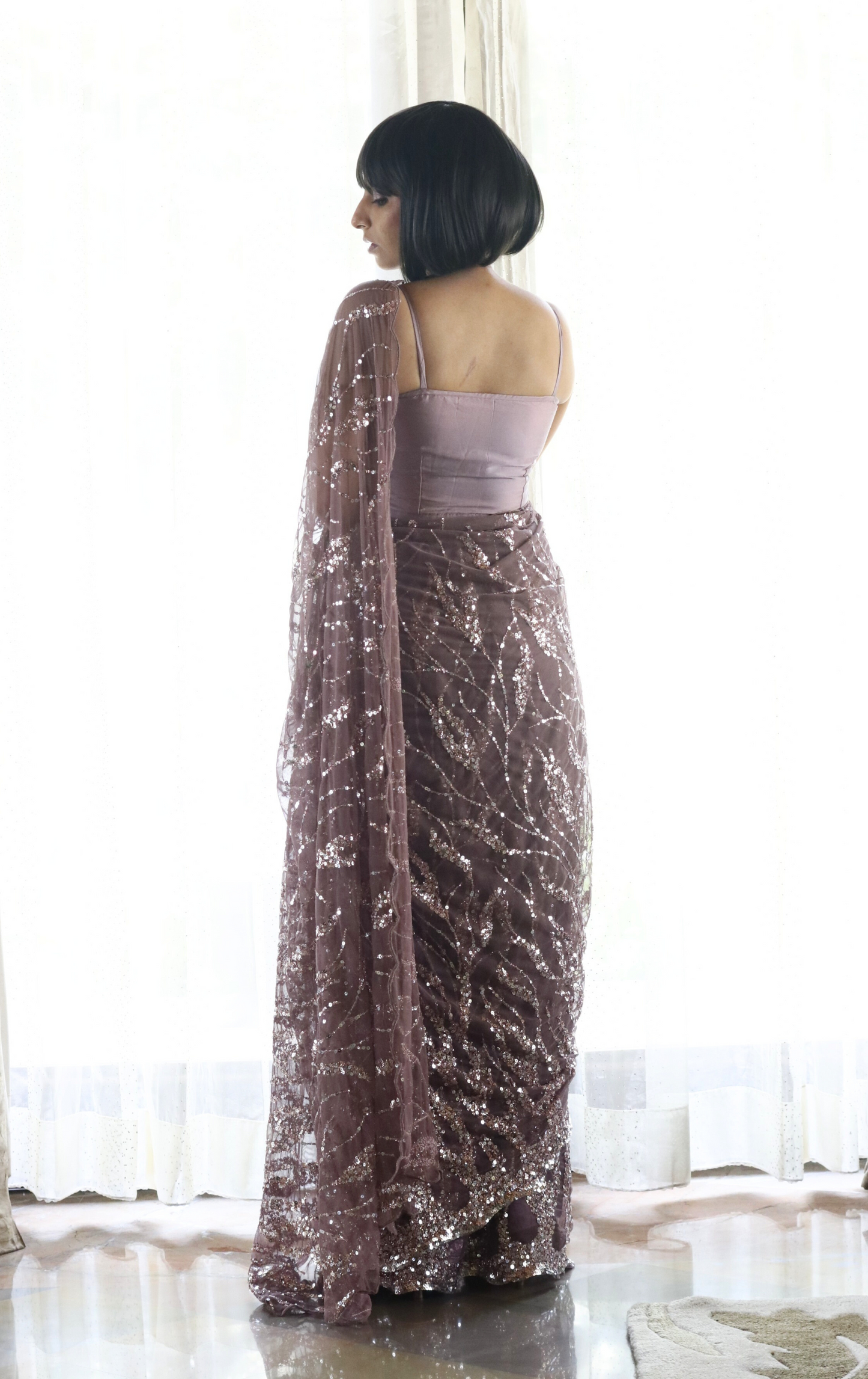 Silver Sequin Cocktail Saree 'Blushing Rose' : Festive Evening Sequin Cocktail Saree Collection