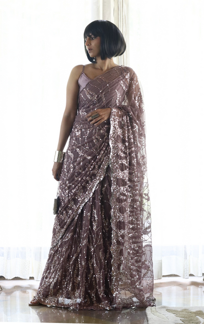 Silver Sequin Cocktail Saree 'Blushing Rose' : Festive Evening Sequin Cocktail Saree Collection