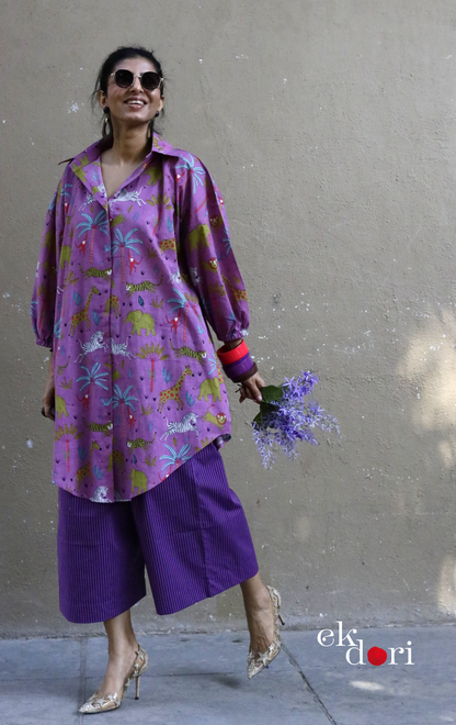 Cotton Kurta Co-Ord Set 'Purple Jungle' : Buy Palazzo Pant Kurta Cotton Co-ord Set In Bright Fun Print