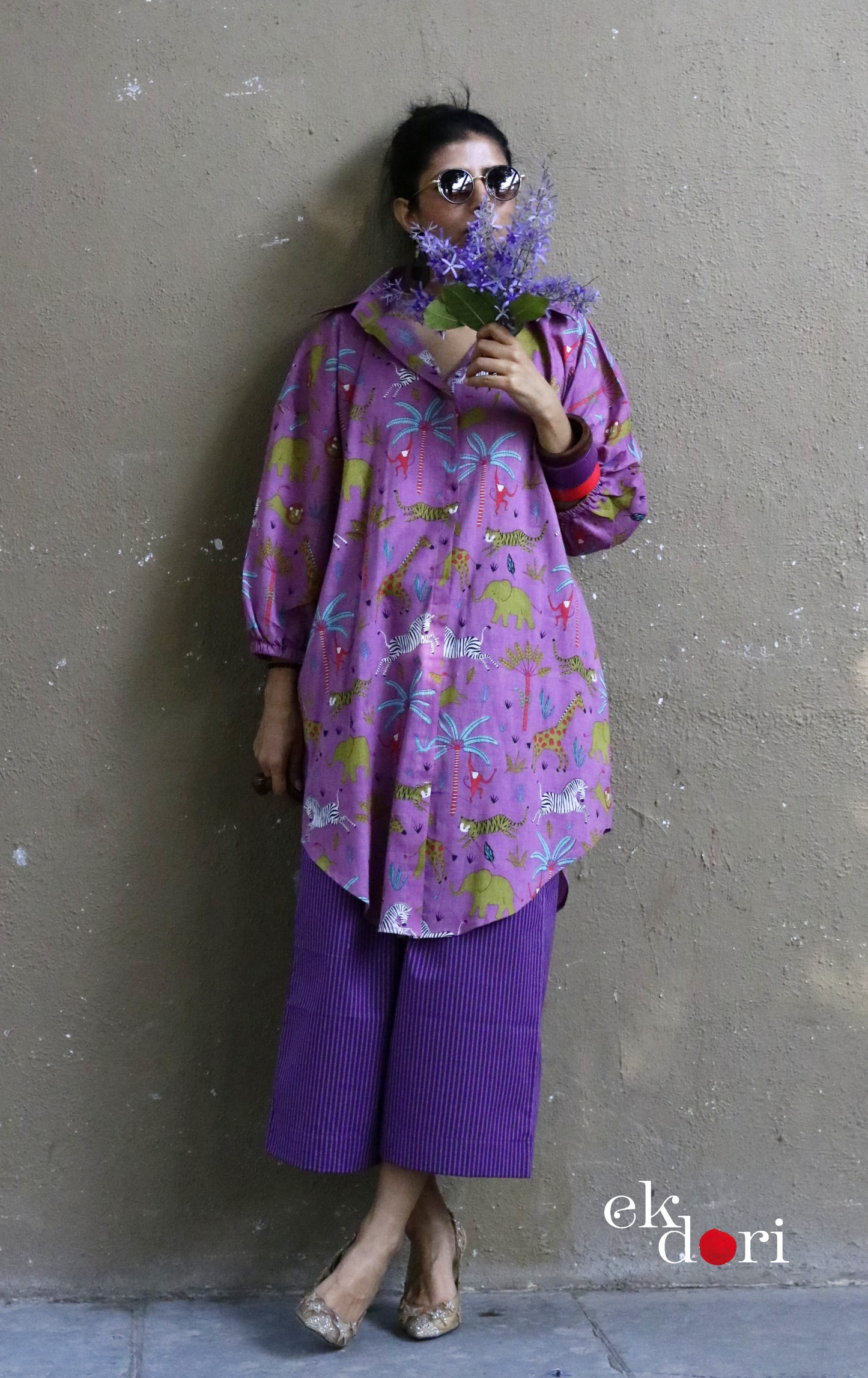 Cotton Kurta Co-Ord Set 'Purple Jungle' : Buy Palazzo Pant Kurta Cotton Co-ord Set In Bright Fun Print