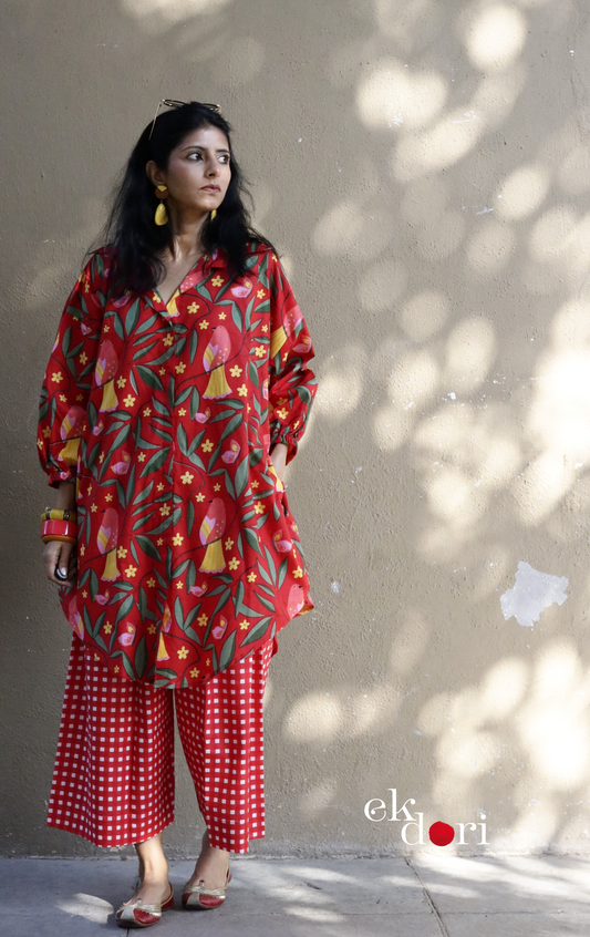 Cotton Kurta Co-Ord Set 'Bird Song' : Buy Palazzo Pant Kurta Cotton Co-ord Set In Bright Fun Print