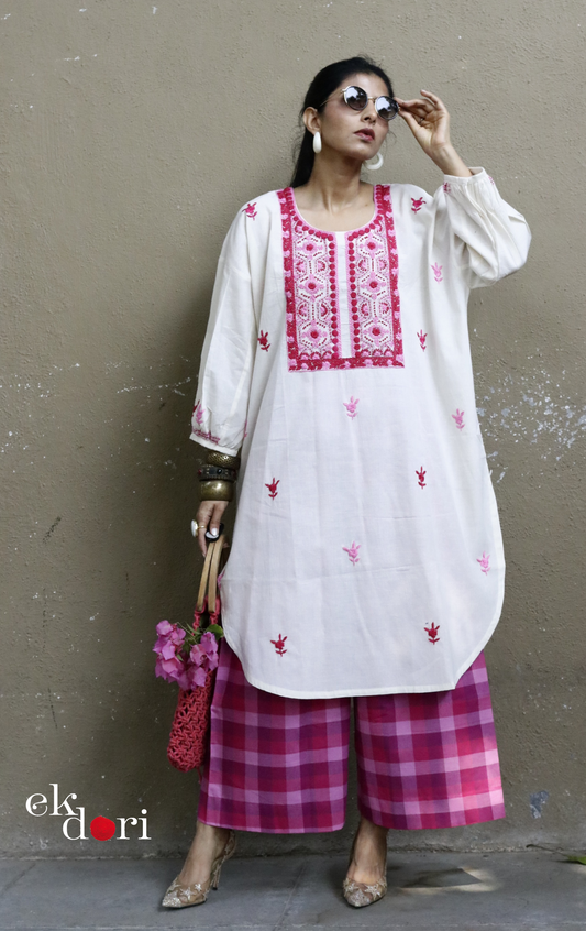 Cotton Embroidered Kurta Co-ord Set 'Pink Hexagon' : Buy Bullion Embroidery Cotton Co-ord Kurts Sets For Summer