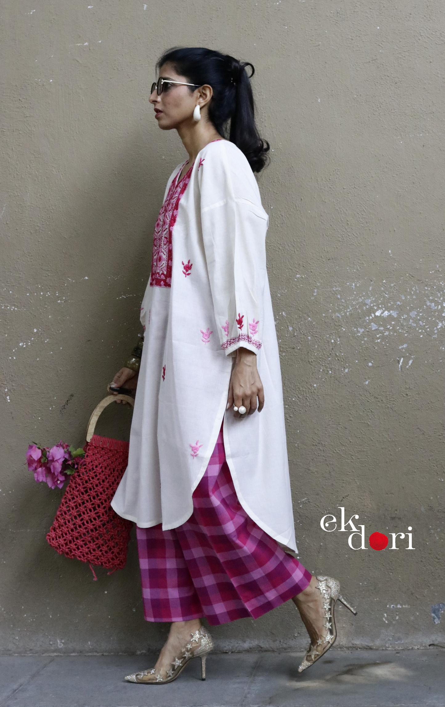 Cotton Embroidered Kurta Co-ord Set 'Pink Hexagon' : Buy Bullion Embroidery Cotton Co-ord Kurts Sets For Summer