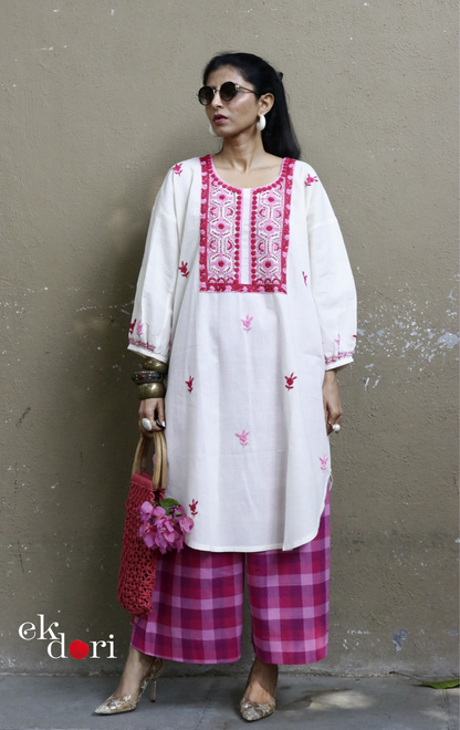 Cotton Embroidered Kurta Co-ord Set 'Pink Hexagon' : Buy Bullion Embroidery Cotton Co-ord Kurts Sets For Summer