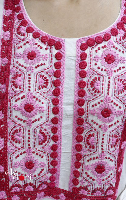 Cotton Embroidered Kurta Co-ord Set 'Pink Hexagon' : Buy Bullion Embroidery Cotton Co-ord Kurts Sets For Summer