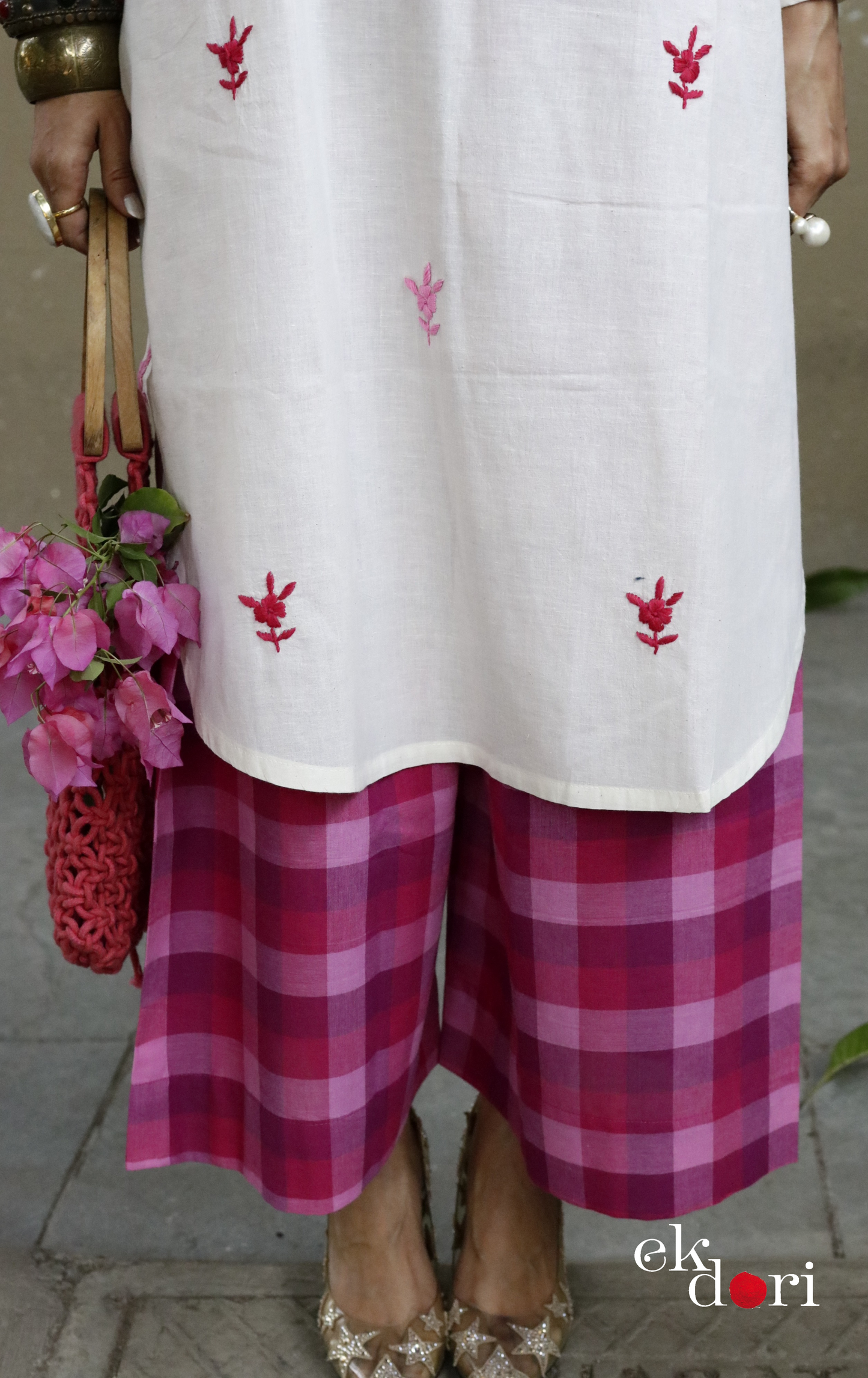 Cotton Embroidered Kurta Co-ord Set 'Pink Hexagon' : Buy Bullion Embroidery Cotton Co-ord Kurts Sets For Summer