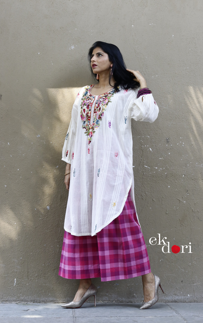 Cotton Embroidered Kurta Co-ord Set 'Birds In The Garden' : Buy Bullion Embroidery Cotton Co-ord Kurts Sets For Summer