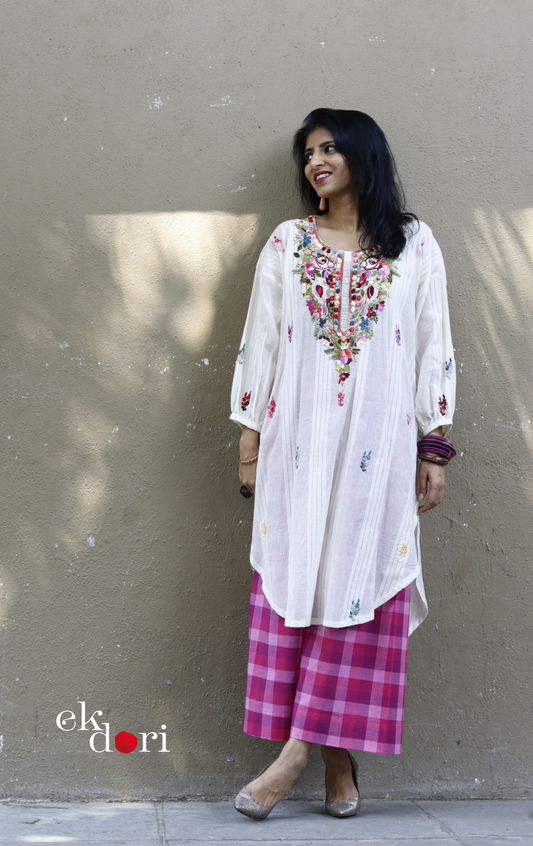 Cotton Embroidered Kurta Co-ord Set 'Birds In The Garden' : Buy Bullion Embroidery Cotton Co-ord Kurts Sets For Summer