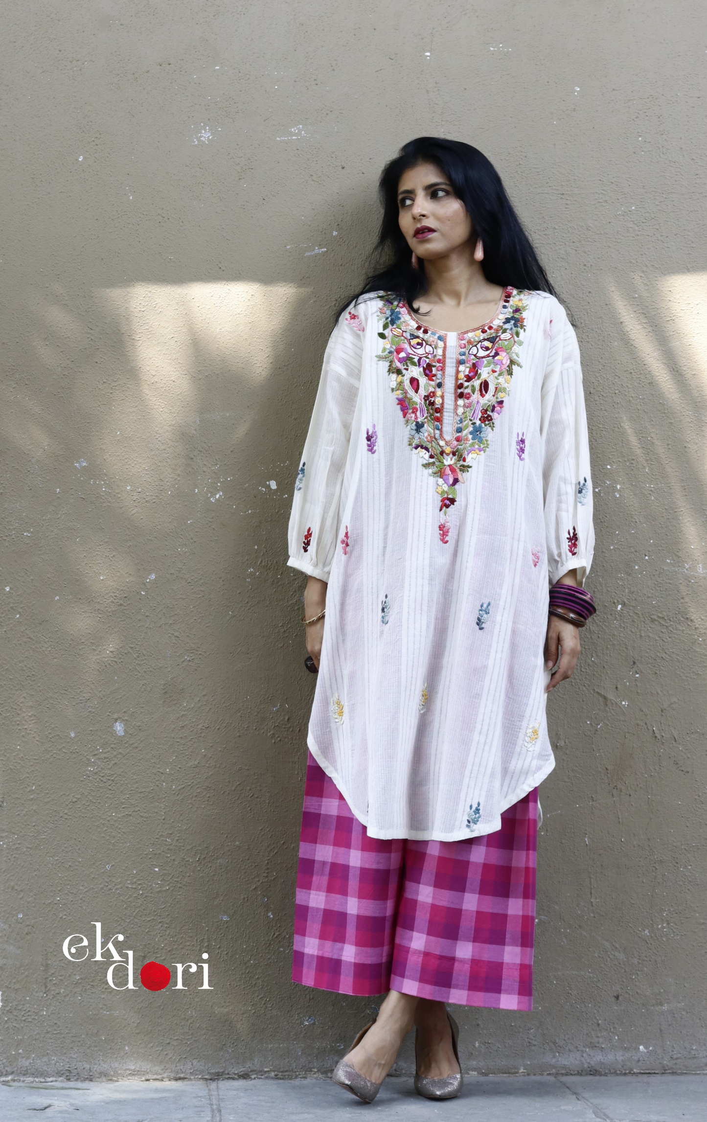 Cotton Embroidered Kurta Co-ord Set 'Birds In The Garden' : Buy Bullion Embroidery Cotton Co-ord Kurts Sets For Summer