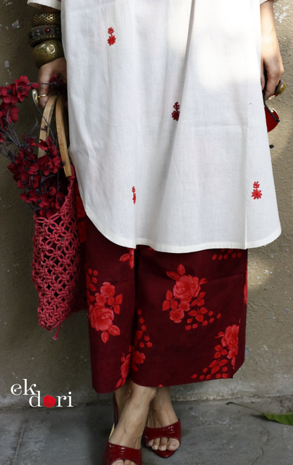 Cotton Embroidered Kurta Co-ord Set 'Red Roses' : Buy Bullion Embroidery Cotton Co-ord Kurts Sets For Summer