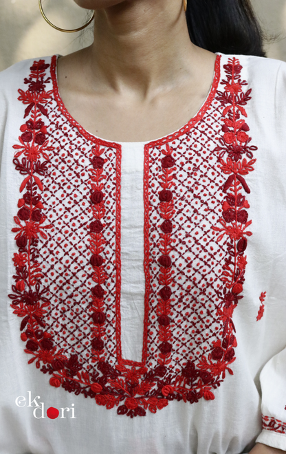 Cotton Embroidered Kurta Co-ord Set 'Red Roses' : Buy Bullion Embroidery Cotton Co-ord Kurts Sets For Summer