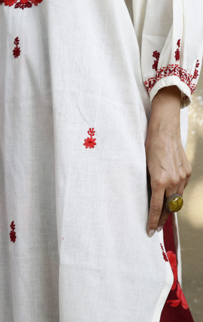 Cotton Embroidered Kurta Co-ord Set 'Red Roses' : Buy Bullion Embroidery Cotton Co-ord Kurts Sets For Summer