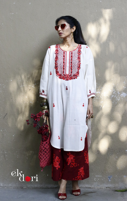 Cotton Embroidered Kurta Co-ord Set 'Red Roses' : Buy Bullion Embroidery Cotton Co-ord Kurts Sets For Summer