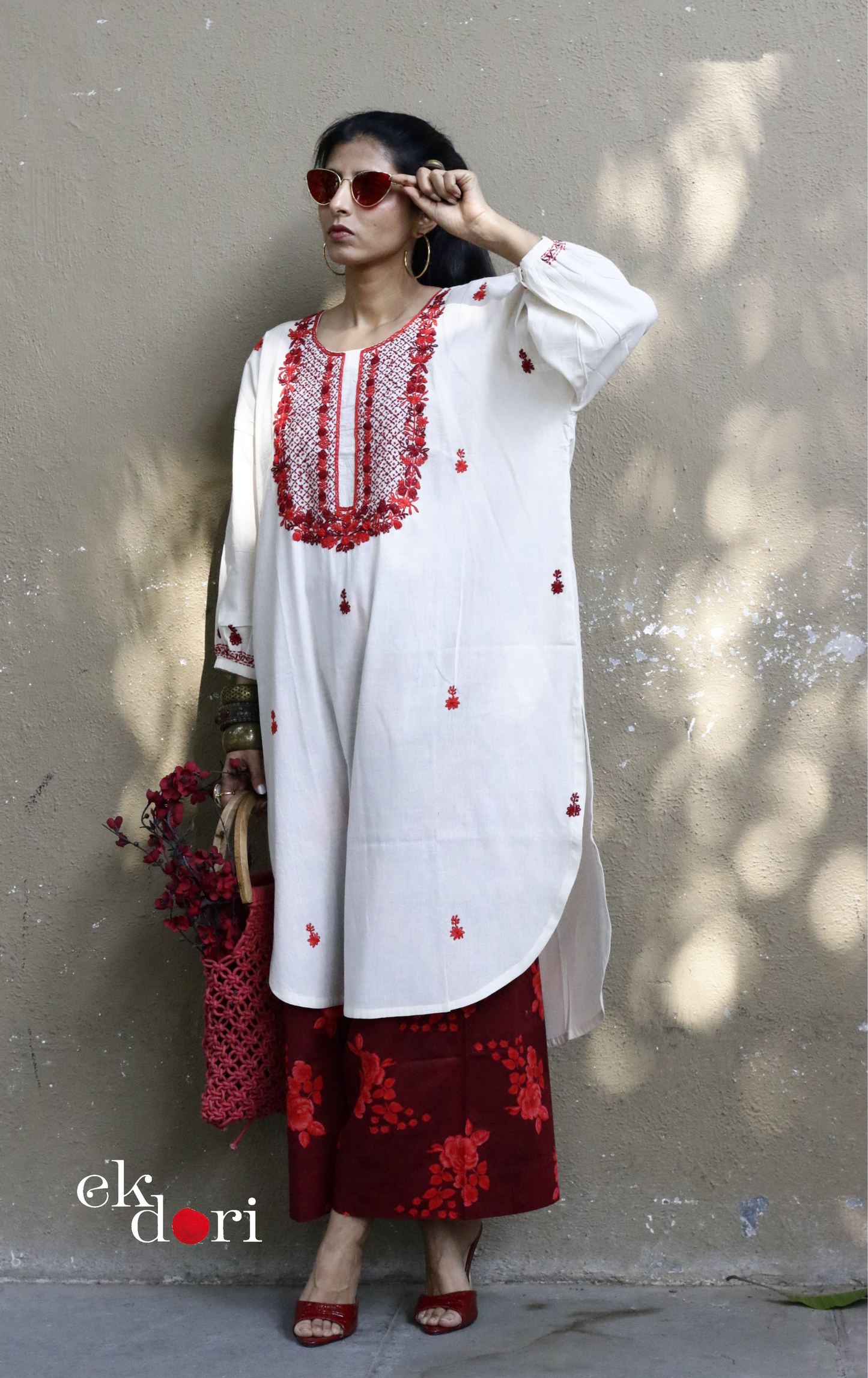 Cotton Embroidered Kurta Co-ord Set 'Red Roses' : Buy Bullion Embroidery Cotton Co-ord Kurts Sets For Summer