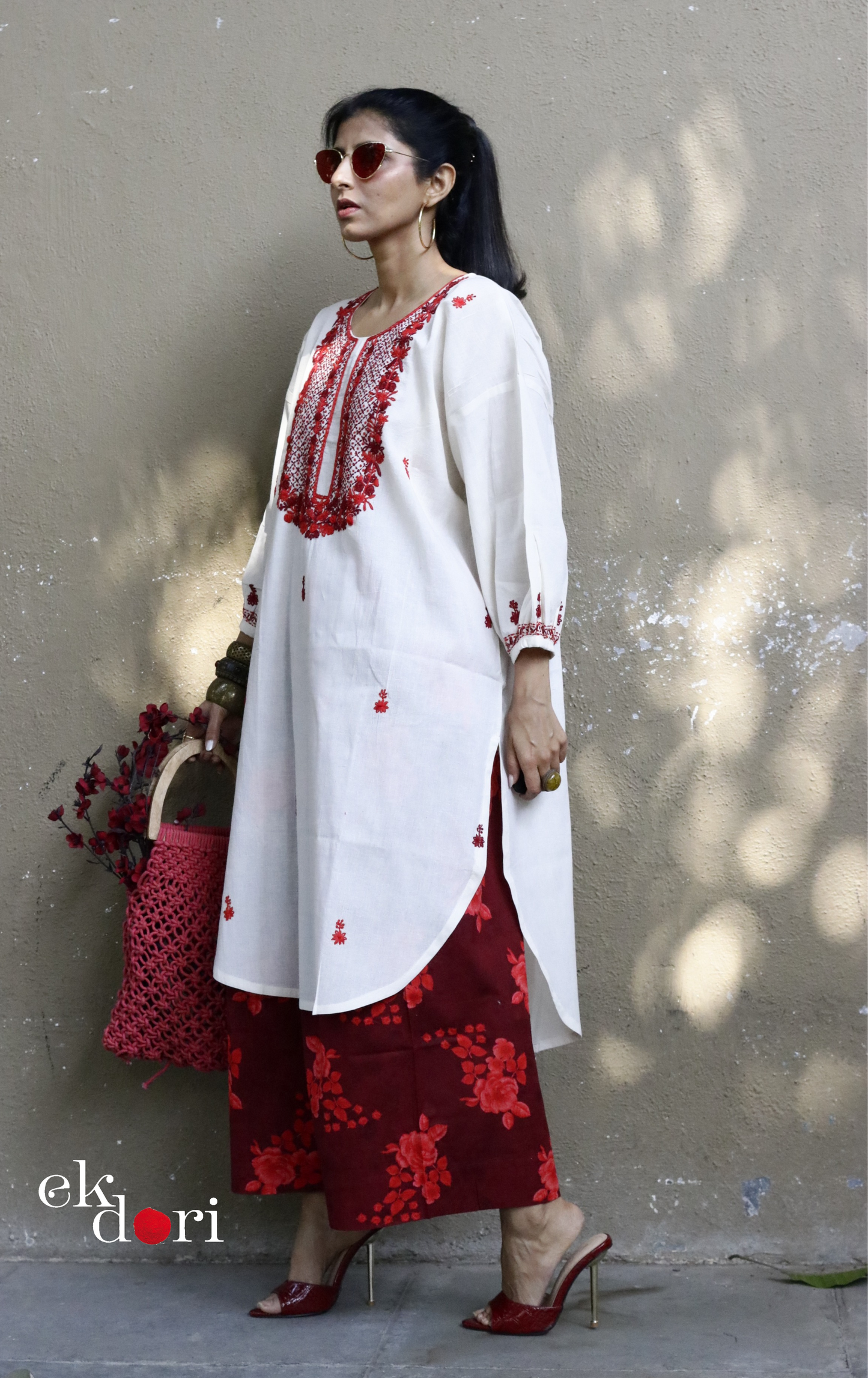 Cotton Embroidered Kurta Co-ord Set 'Red Roses' : Buy Bullion Embroidery Cotton Co-ord Kurts Sets For Summer