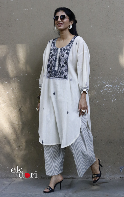 Cotton Embroidered Kurta Co-ord Set 'Grey Cloud' : Buy Bullion Embroidery Cotton Co-ord Kurts Sets For Summer