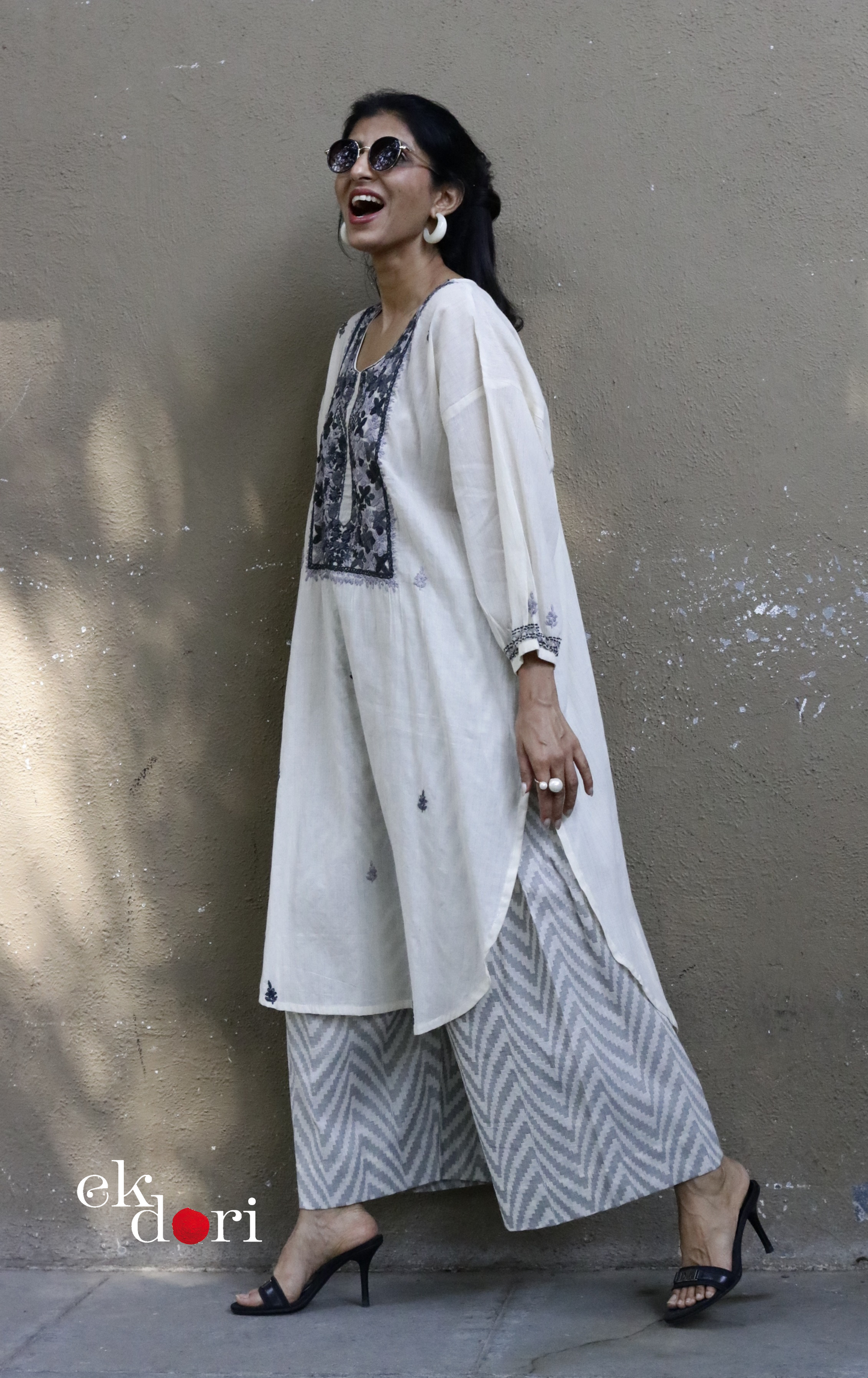 Cotton Embroidered Kurta Co-ord Set 'Grey Cloud' : Buy Bullion Embroidery Cotton Co-ord Kurts Sets For Summer