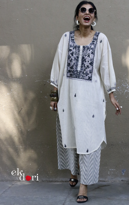 Cotton Embroidered Kurta Co-ord Set 'Grey Cloud' : Buy Bullion Embroidery Cotton Co-ord Kurts Sets For Summer