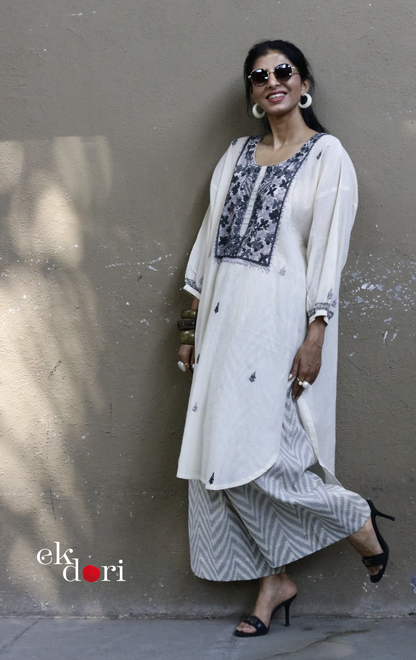 Cotton Embroidered Kurta Co-ord Set 'Grey Cloud' : Buy Bullion Embroidery Cotton Co-ord Kurts Sets For Summer