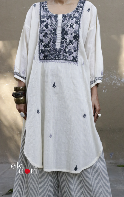 Cotton Embroidered Kurta Co-ord Set 'Grey Cloud' : Buy Bullion Embroidery Cotton Co-ord Kurts Sets For Summer