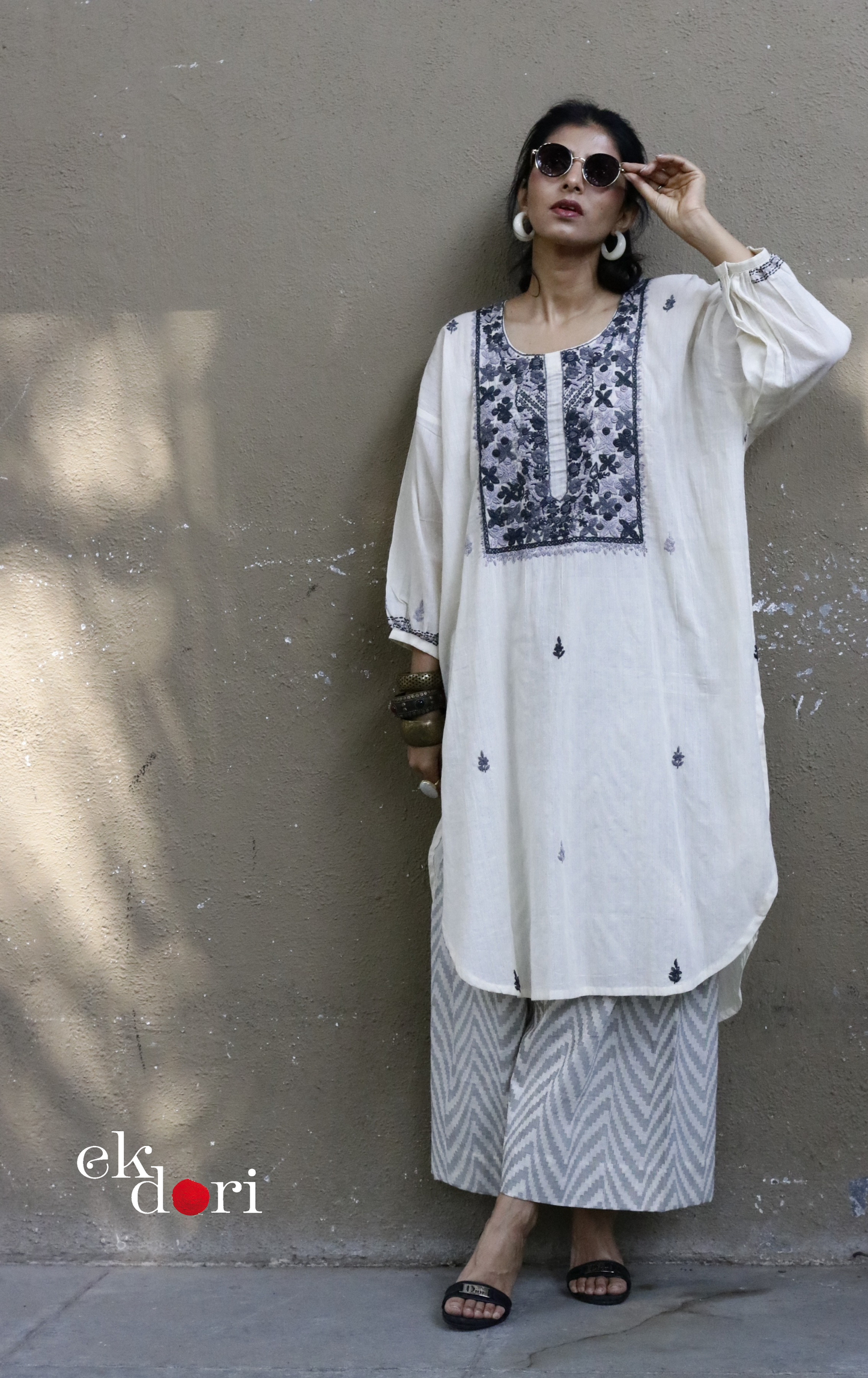 Cotton Embroidered Kurta Co-ord Set 'Grey Cloud' : Buy Bullion Embroidery Cotton Co-ord Kurts Sets For Summer