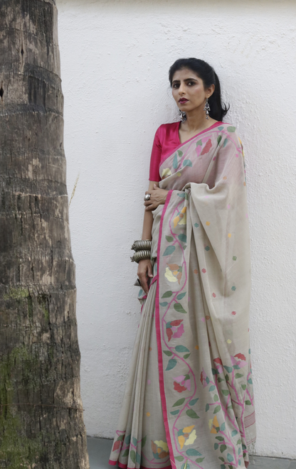 Buy Beige Floral Soft Cotton Jamdani Saree : Floral Needle Jamdani Handmade Saree