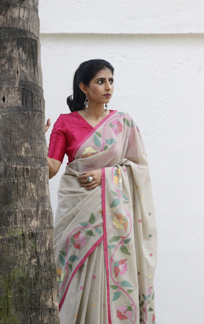 Buy Beige Floral Soft Cotton Jamdani Saree : Floral Needle Jamdani Handmade Saree